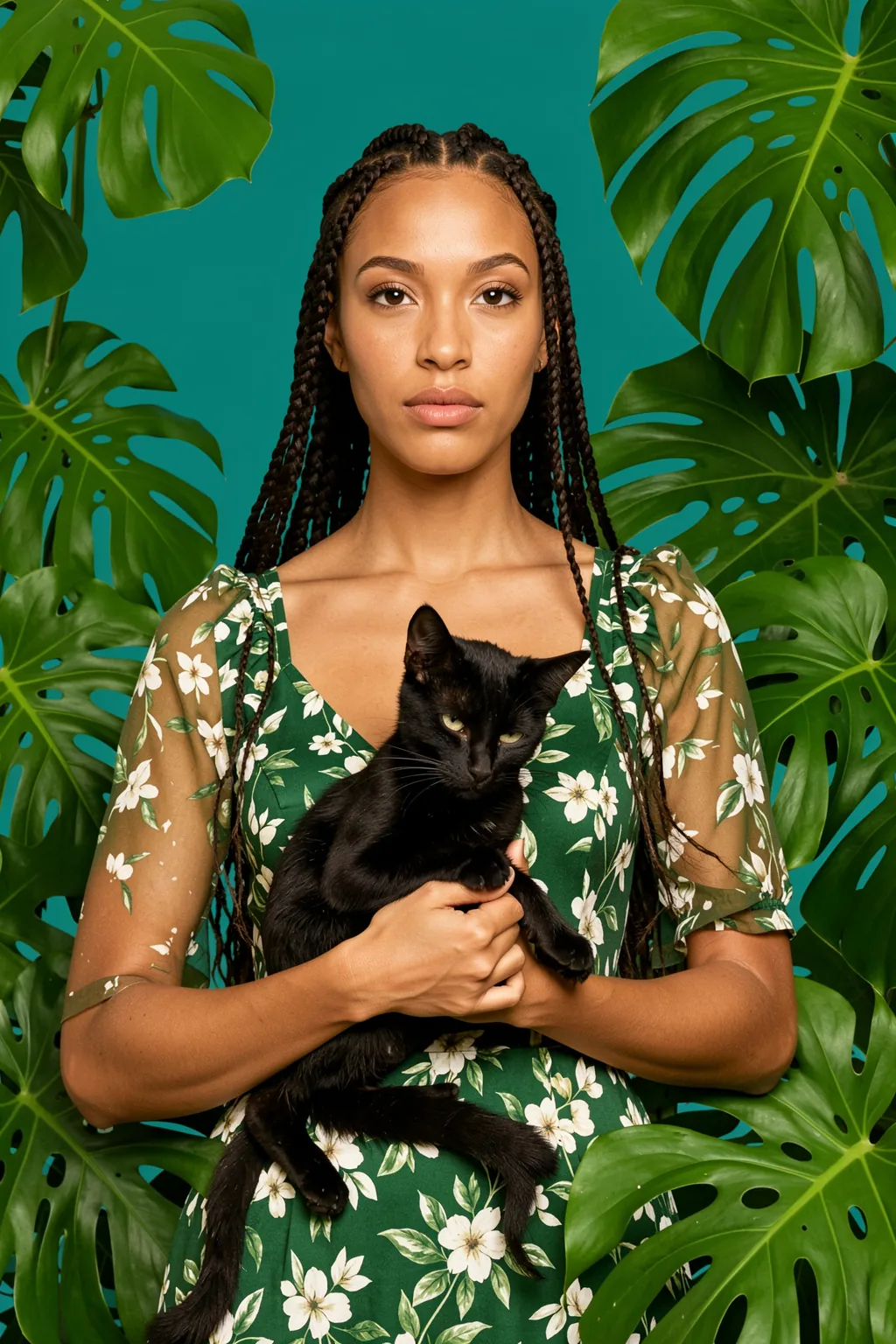 Cat Lover. A woman with long braids holds a black cat, framed by large glossy monstera leaves against teal.