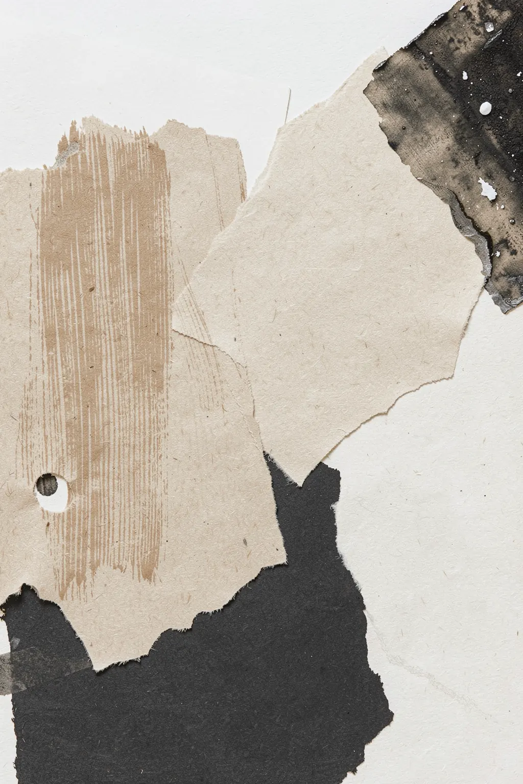 Clay. Layered torn-paper shapes in beige, gray, and charcoal overlap with vertical tan brush marks on a pale ground.