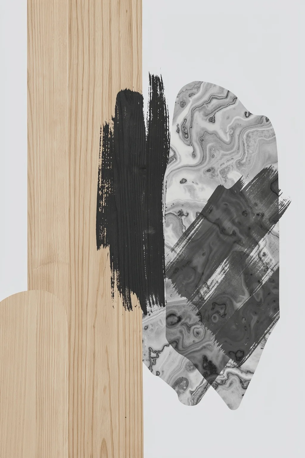 Clay No2. Broad black, gray, and marbled brush forms overlap a light wood-grain panel in a vertical abstract composition.