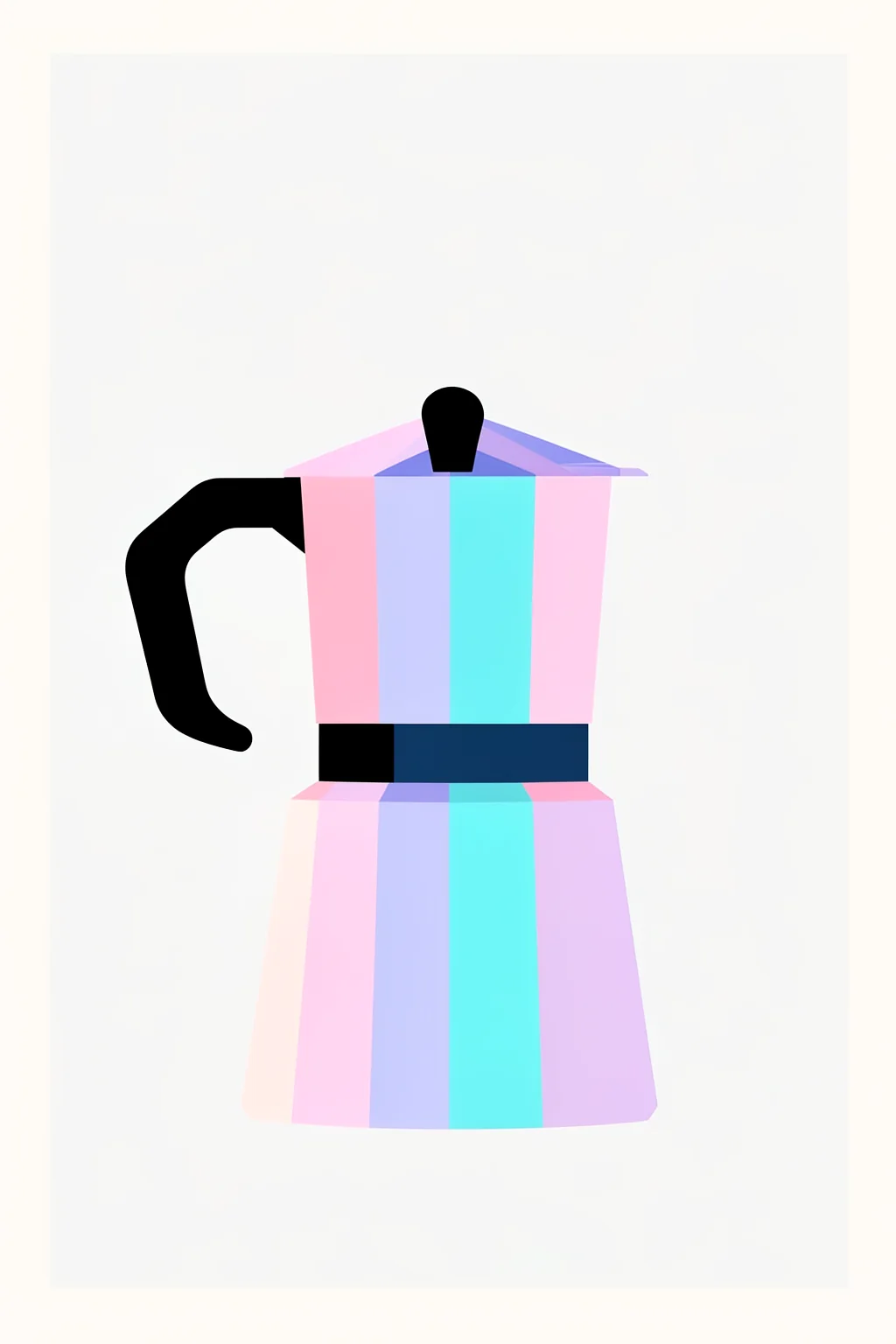 Colorful Moka Pot. A geometric moka pot with a black handle is striped in pastel pink, lavender, and turquoise on white.