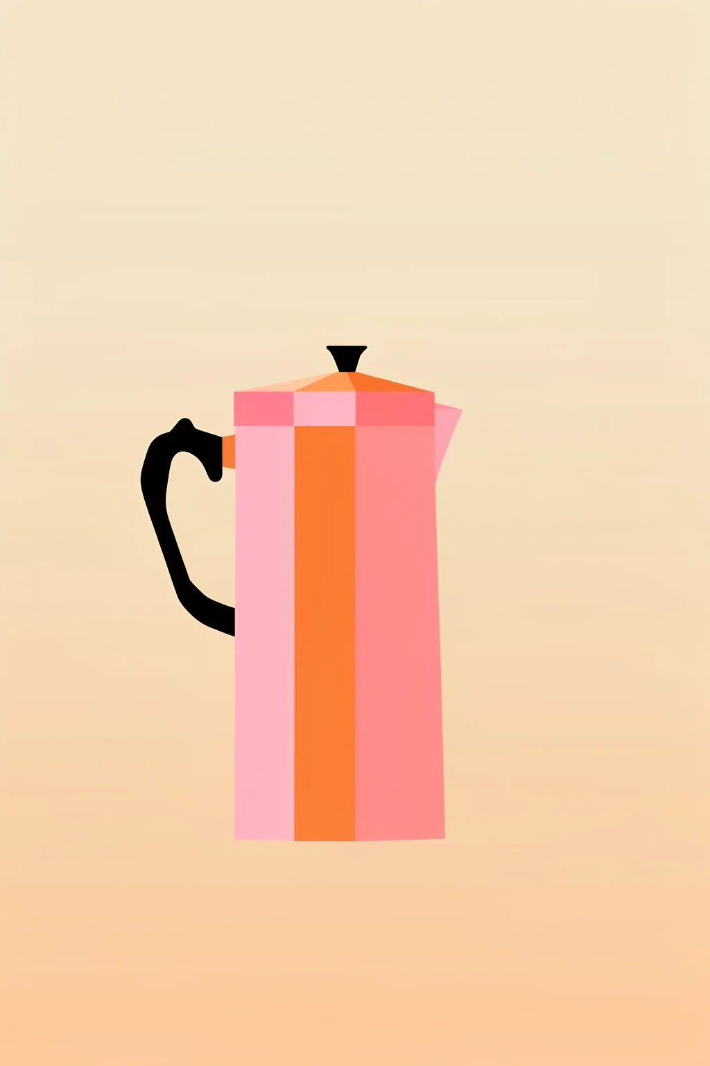 Colorful Moka Pot Espresso. A tall geometric moka pot in pink, coral, and orange stands against a warm pale-yellow background.