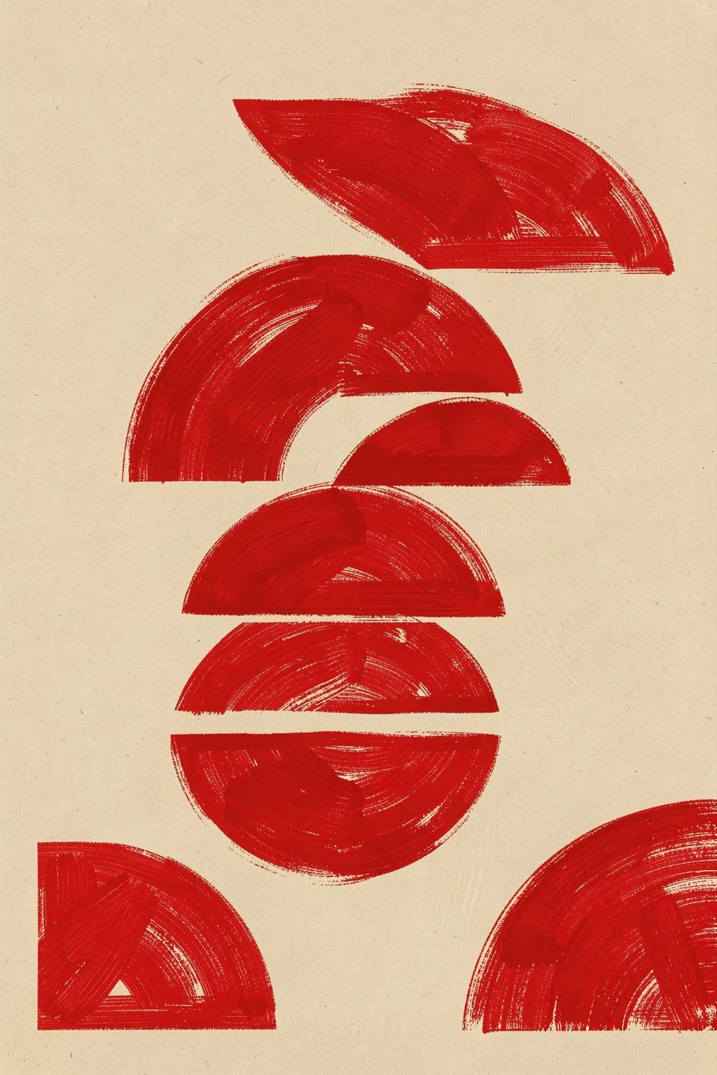 Crimson Symmetry. Several separated crimson brush-painted arcs, semicircles, and a circle form a vertical arrangement on textured beige.