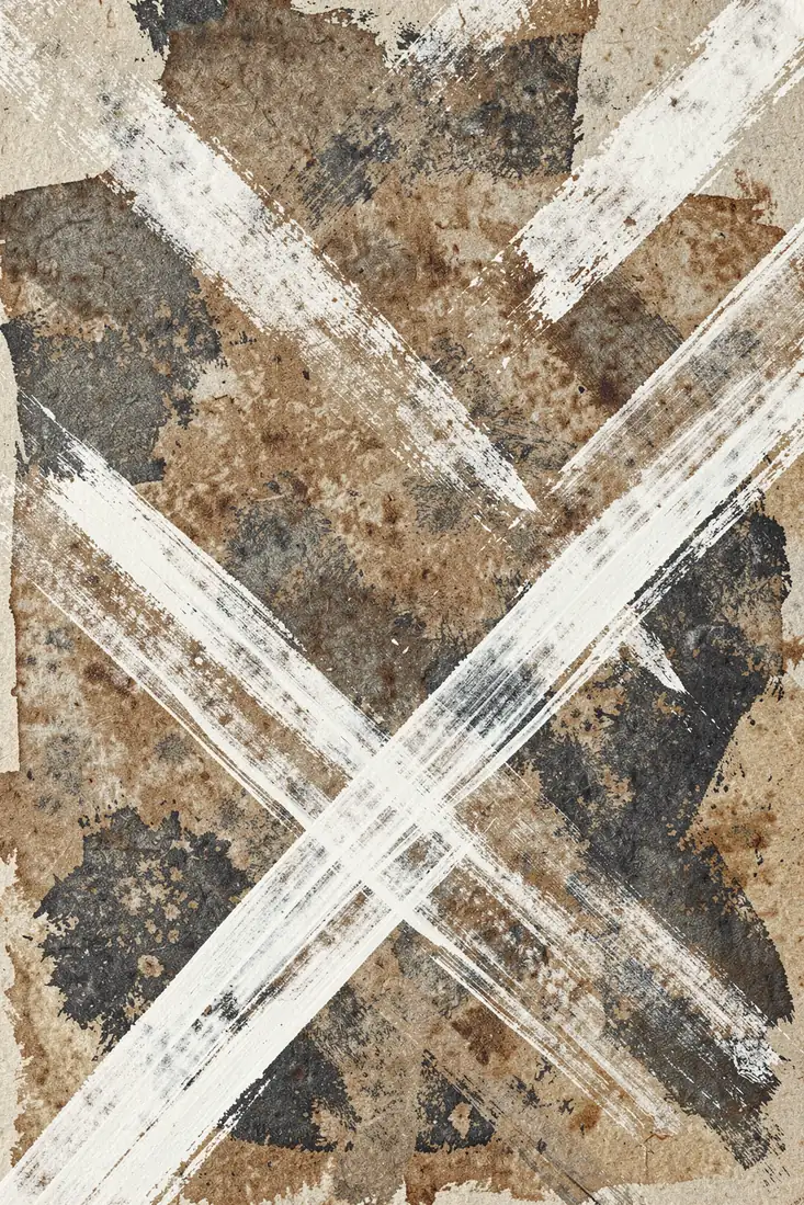 Dynamic Brushstroke Abstract. Broad white diagonal brushstrokes cross over rough charcoal, gray, and brown marks on textured paper.