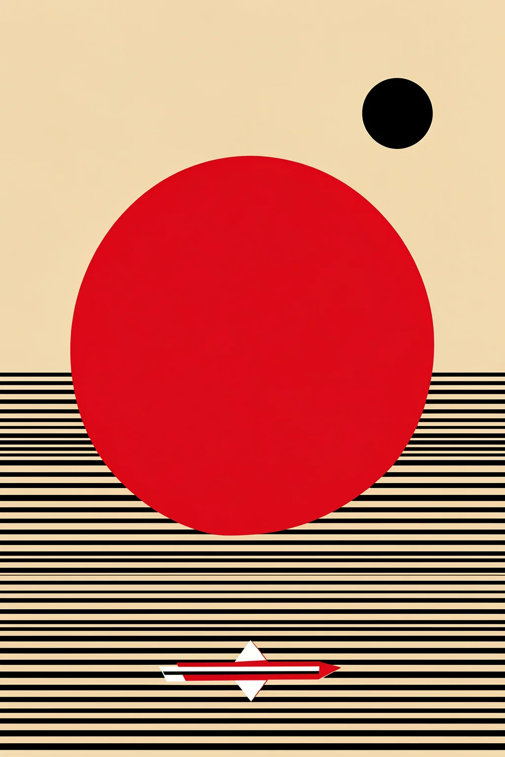 Floating Horizons. A large red circle, a smaller black circle, and a small red-and-white boat sit above horizontal black-and-cream stripes.