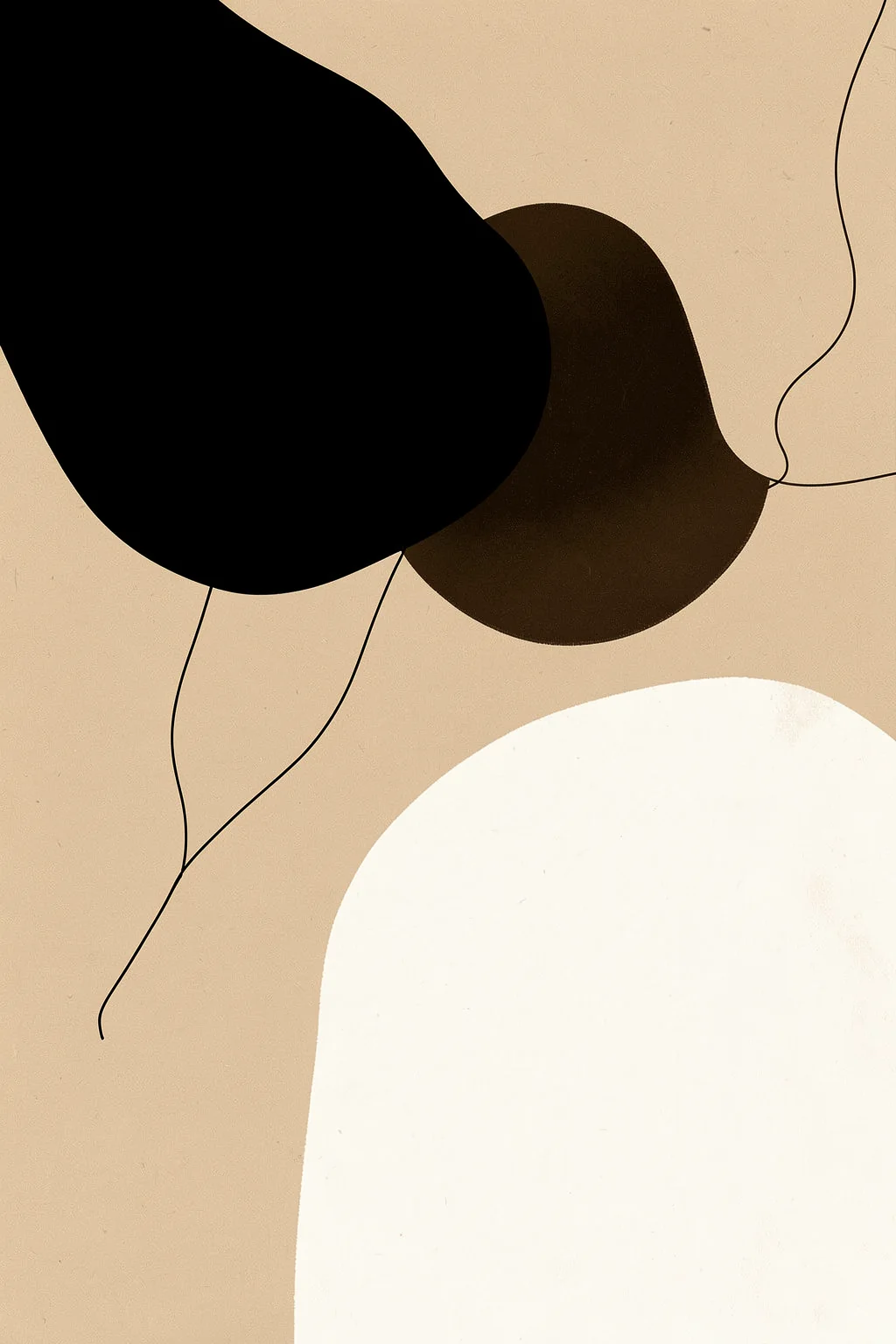 Flowing Abstract Forms. Large black, dark-brown, and white organic forms overlap with thin looping lines on textured beige.