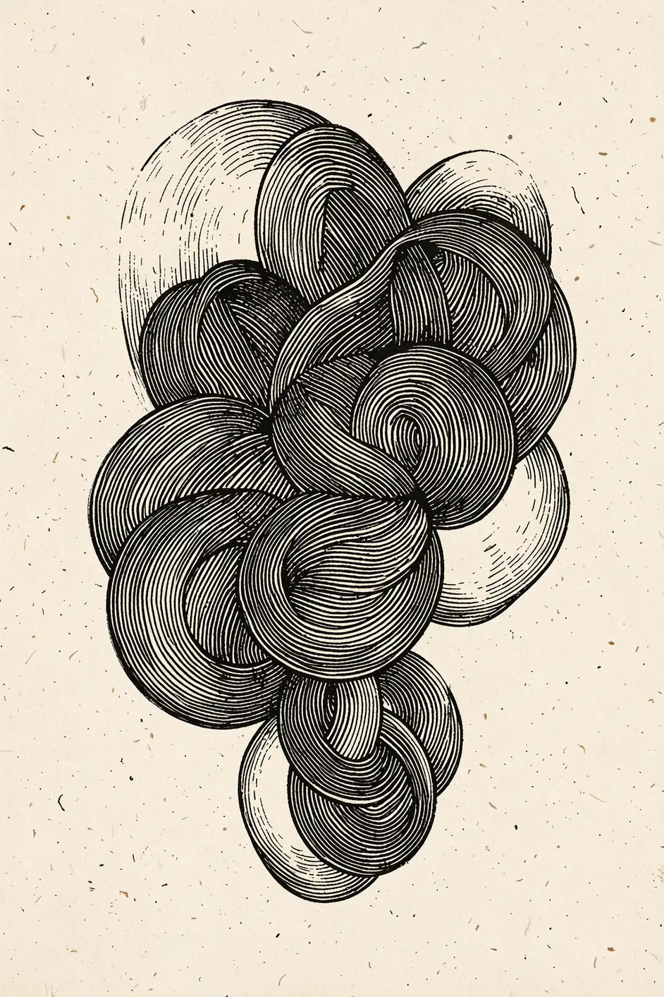Fluid Echoes. A dense vertical cluster of overlapping black contour-lined circles and oval forms sits on textured ivory.