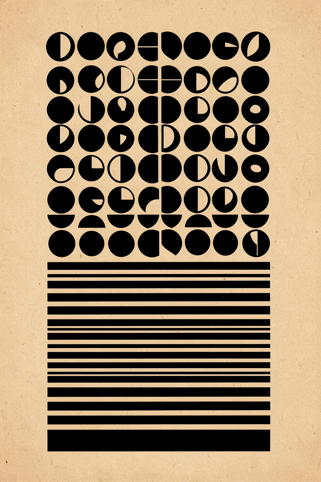 Geometric Balance. Rows of black circles and cutout semicircle forms sit above a stack of horizontal black bars on textured tan.