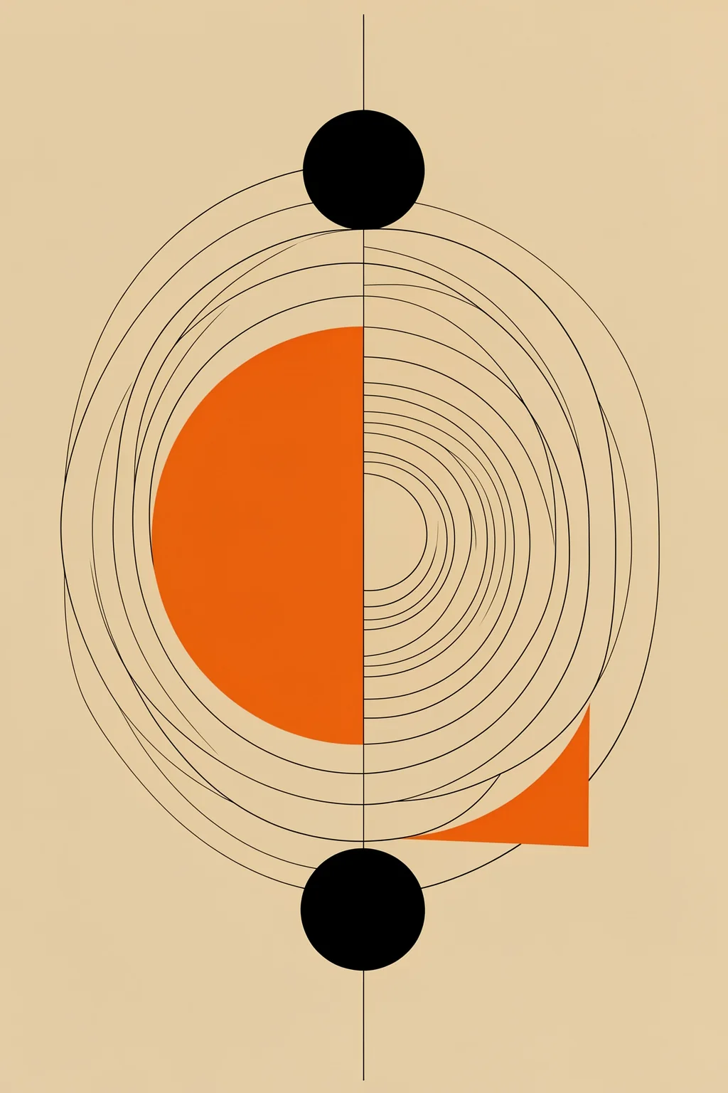 Geometric Harmony. Thin concentric black arcs surround two orange semicircles and two black circles arranged along a central vertical line on tan.