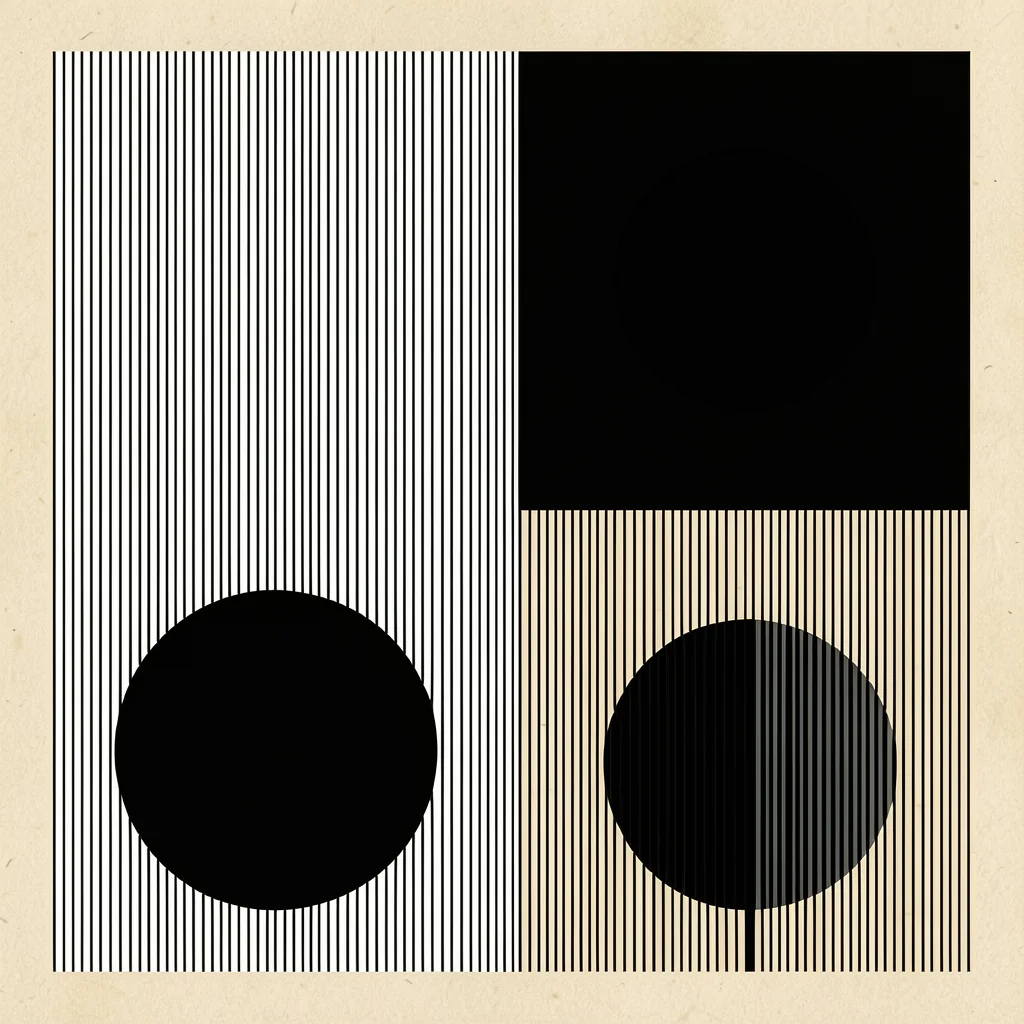 Geometric Harmony. Three black circles sit among fine vertical stripes and solid black rectangular panels within a cream geometric grid.