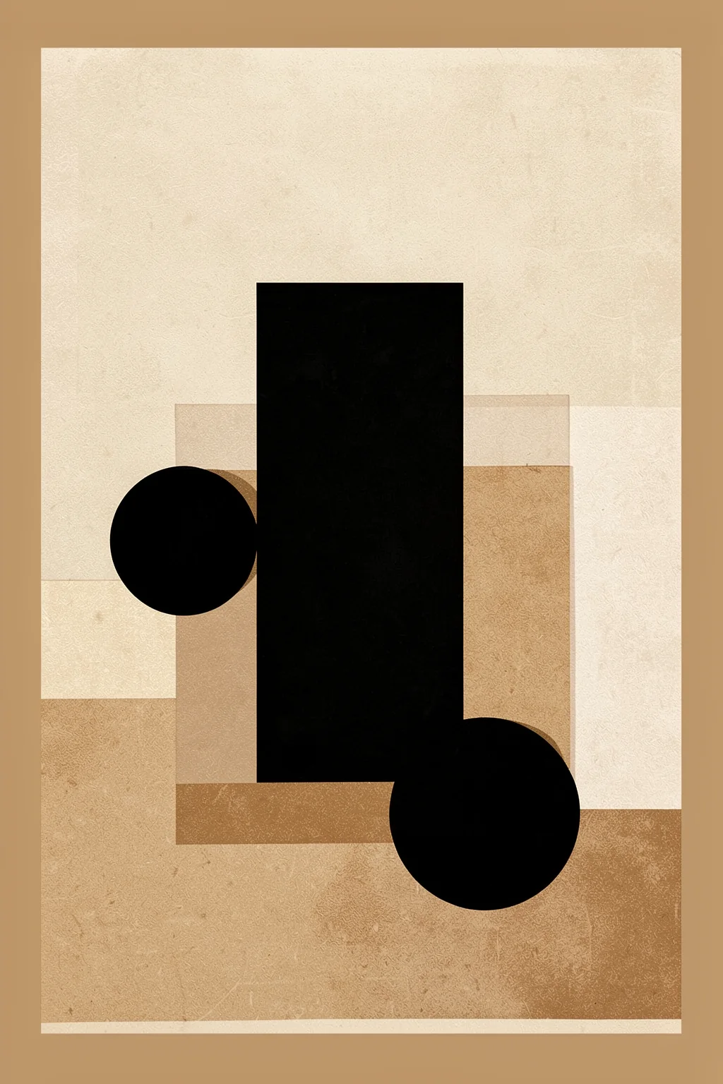 Geometric Harmony. A tall black rectangle and two black circles overlap translucent tan squares within a textured beige frame.