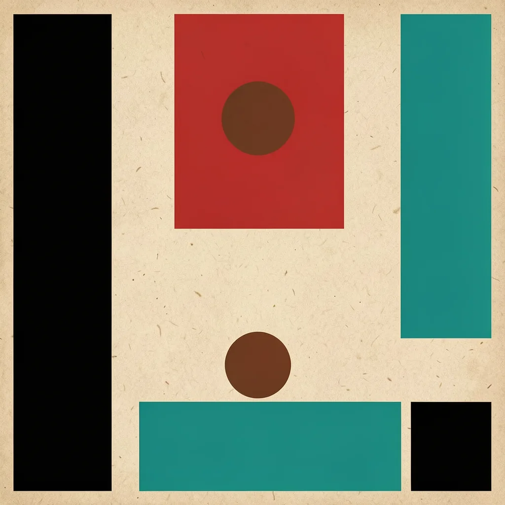 Geometric Harmony. Black and teal rectangles, a red panel with a brown circle, and two brown circles are arranged across textured cream.