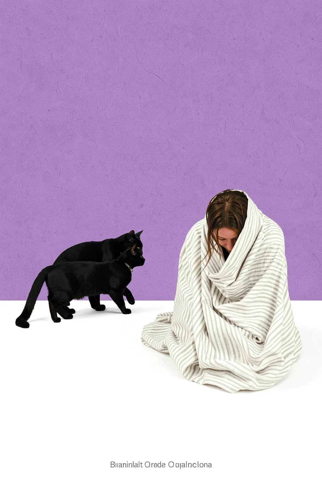 Girl and Cat. A woman wrapped in a striped white blanket bends beside two black cats on a white floor against a textured purple wall.