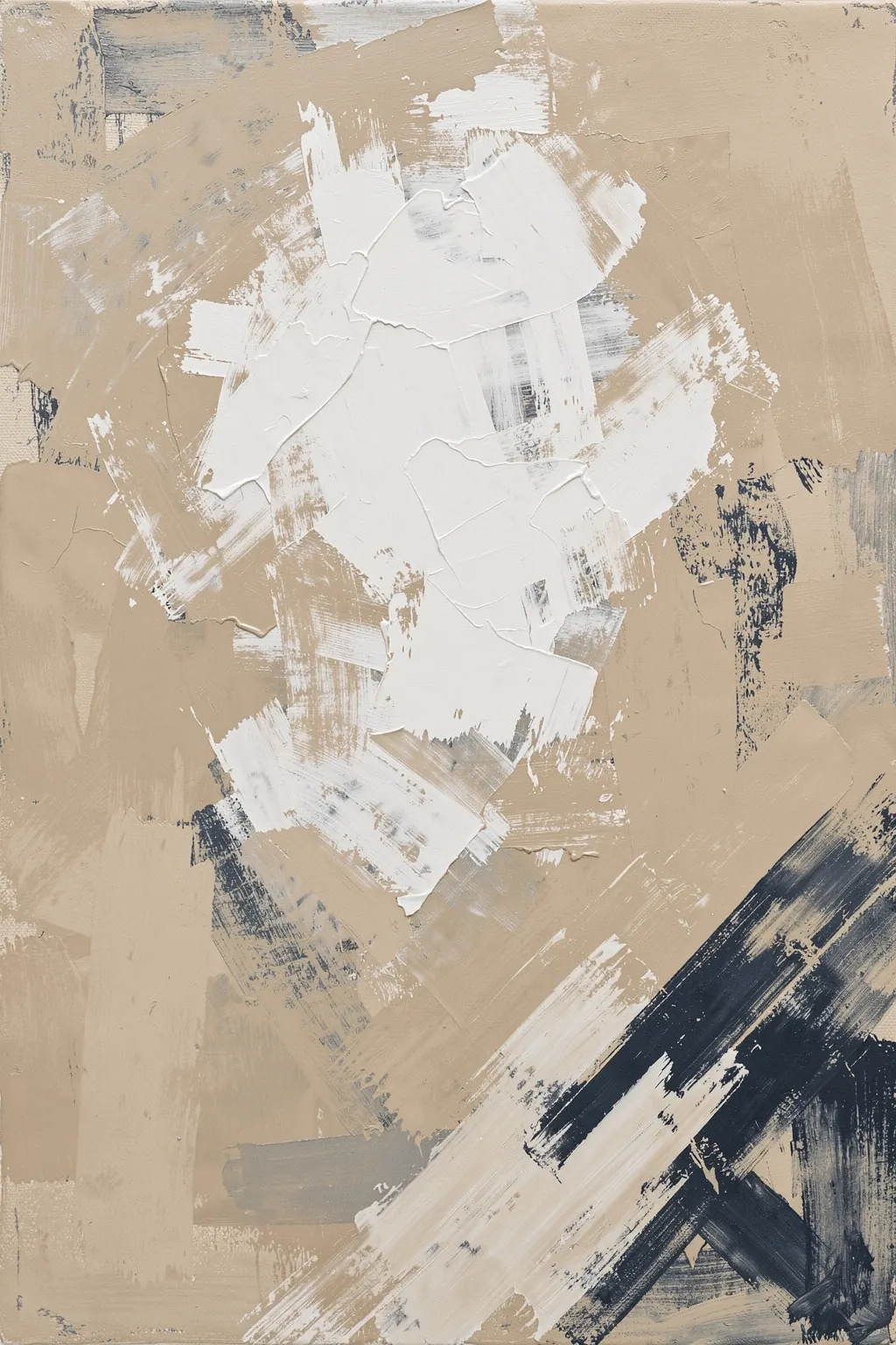 Golden Abstract Flow. Layered white and beige brush marks overlap with dark navy and gray strokes in a textured abstract composition.