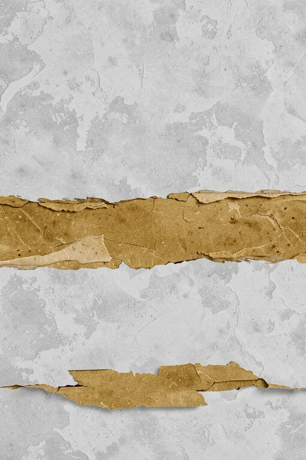 Golden Gray Abstract Layers. Two torn ochre paper bands cross a pale gray, cracked-texture field.