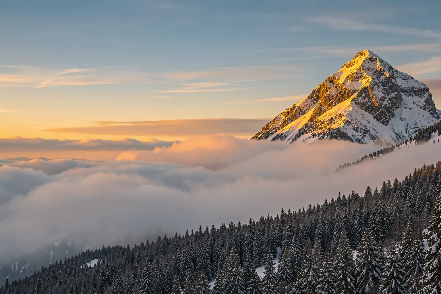 Golden Mountain Above Clouds. A snow-covered mountain rises above a band of clouds and evergreen forest in warm sunrise light.