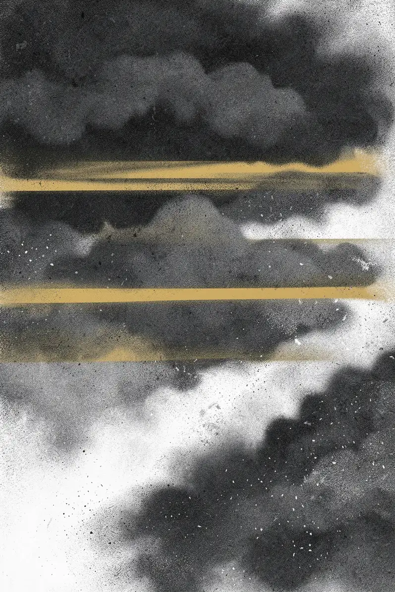 Golden Storm Abstract. Grainy black, gray, and white cloudlike forms sweep across the image, crossed by a narrow ochre line.
