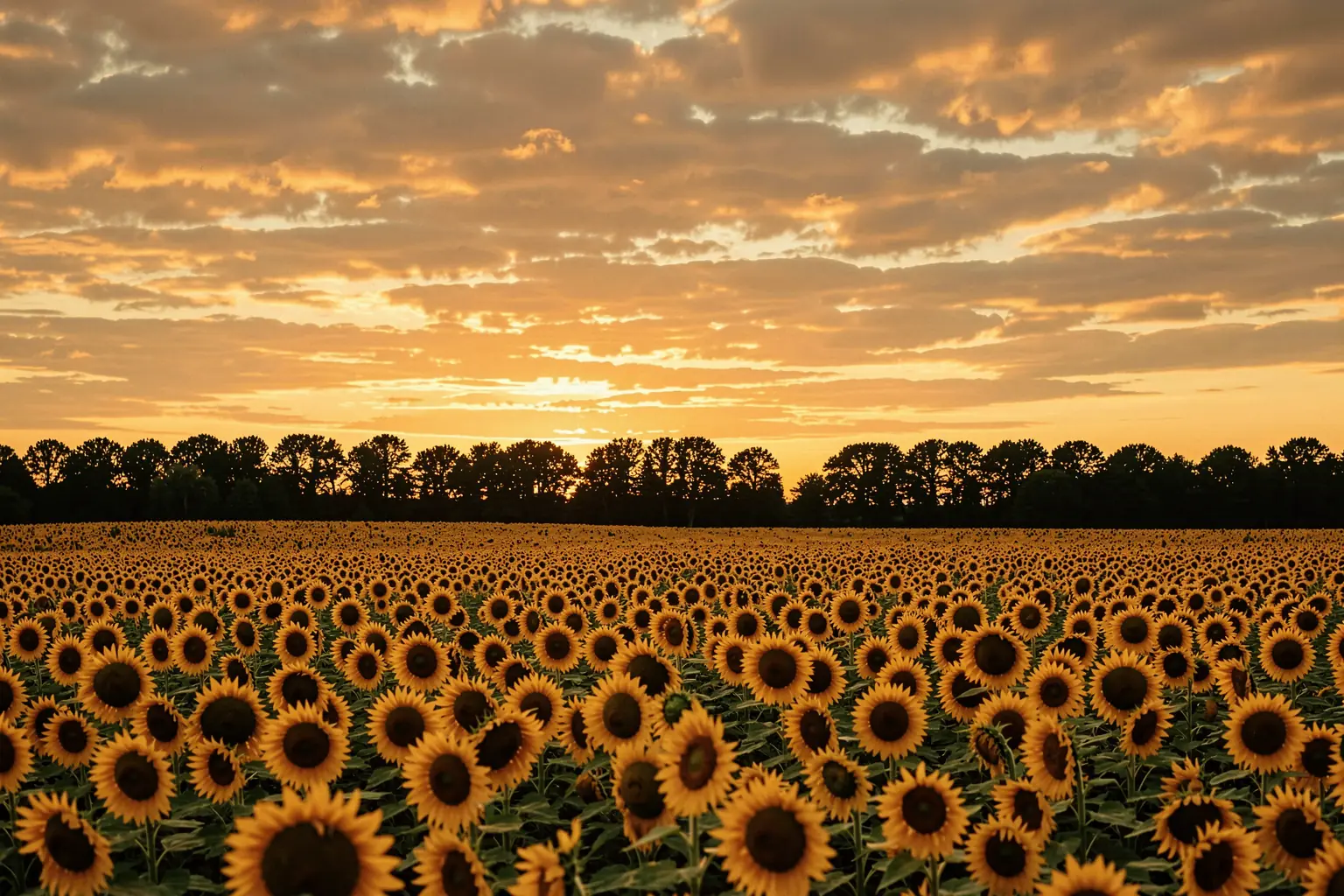 Golden Sunflower Field. A broad field of sunflowers stretches toward a dark tree line beneath a glowing orange sunset sky.