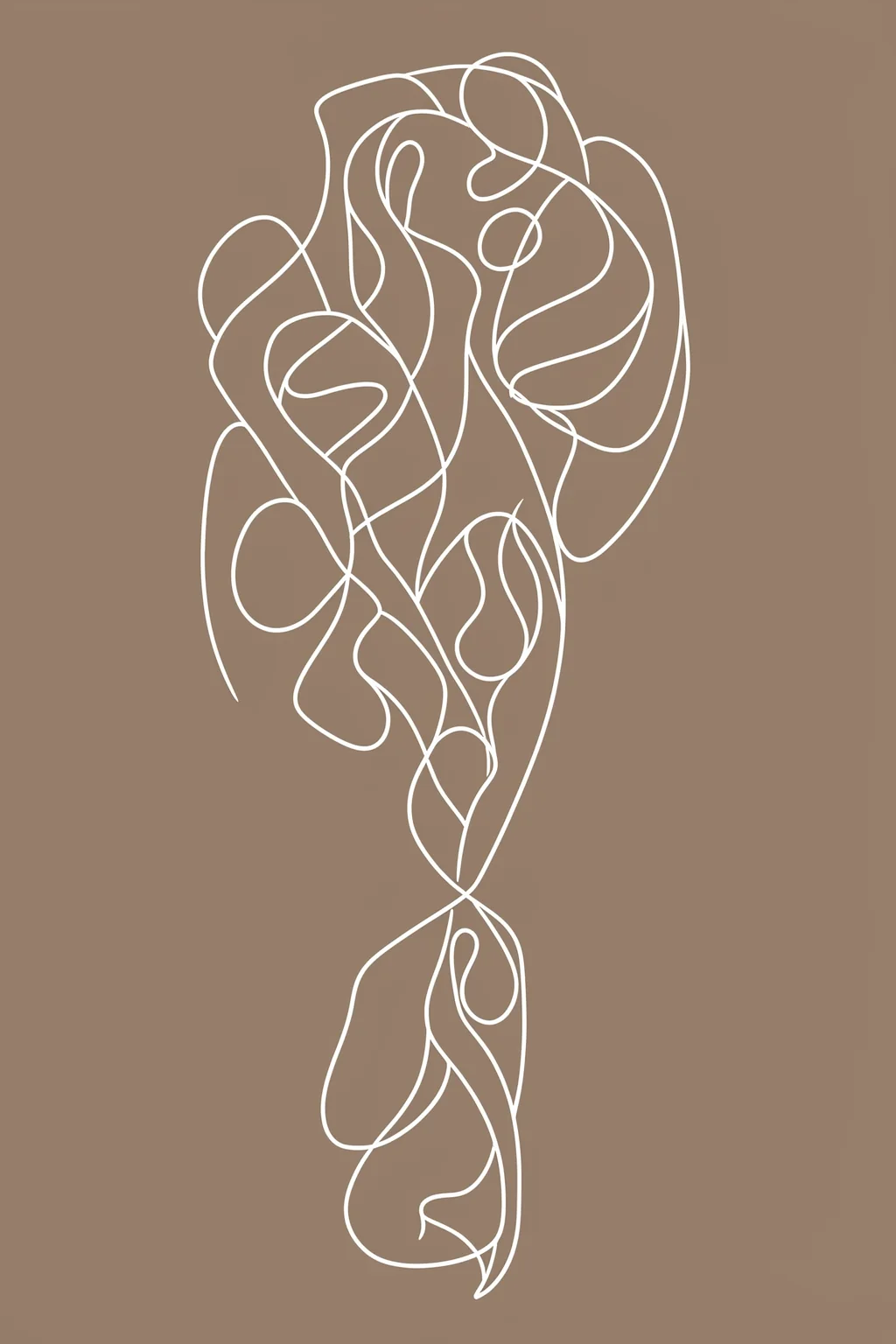Graceful Abstract Movement. Intertwining white contour lines form an elongated abstract figure against a solid taupe-brown background.