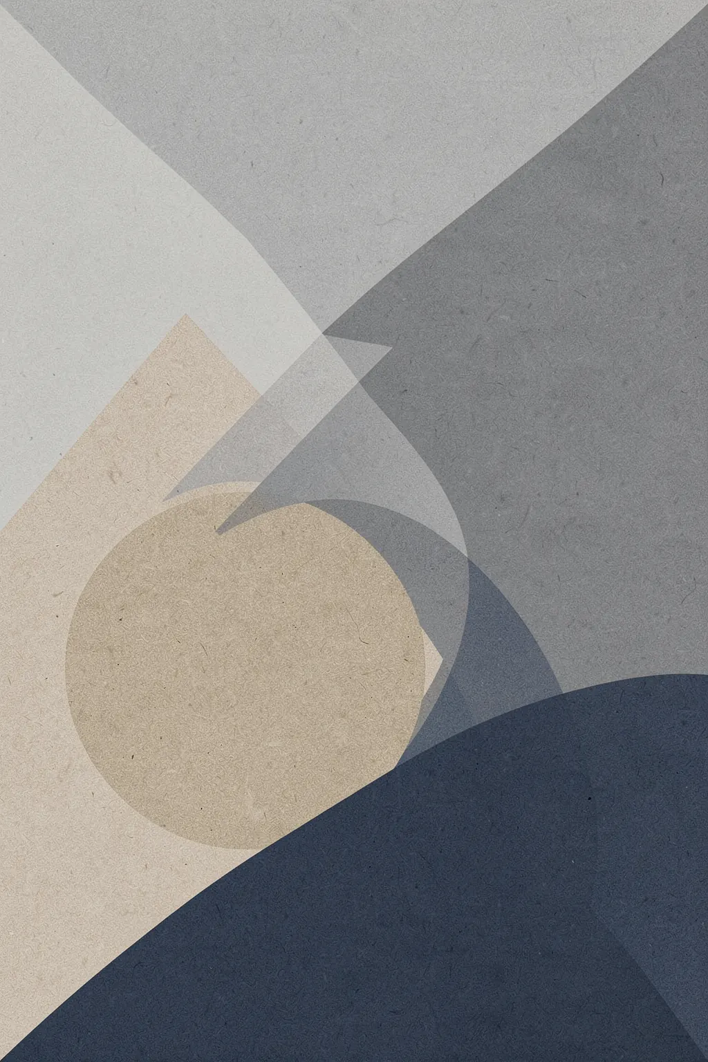 Graphic 210. Overlapping translucent circles, triangles, and broad curved shapes in cream, gray, sand, and navy form a textured geometric abstract.