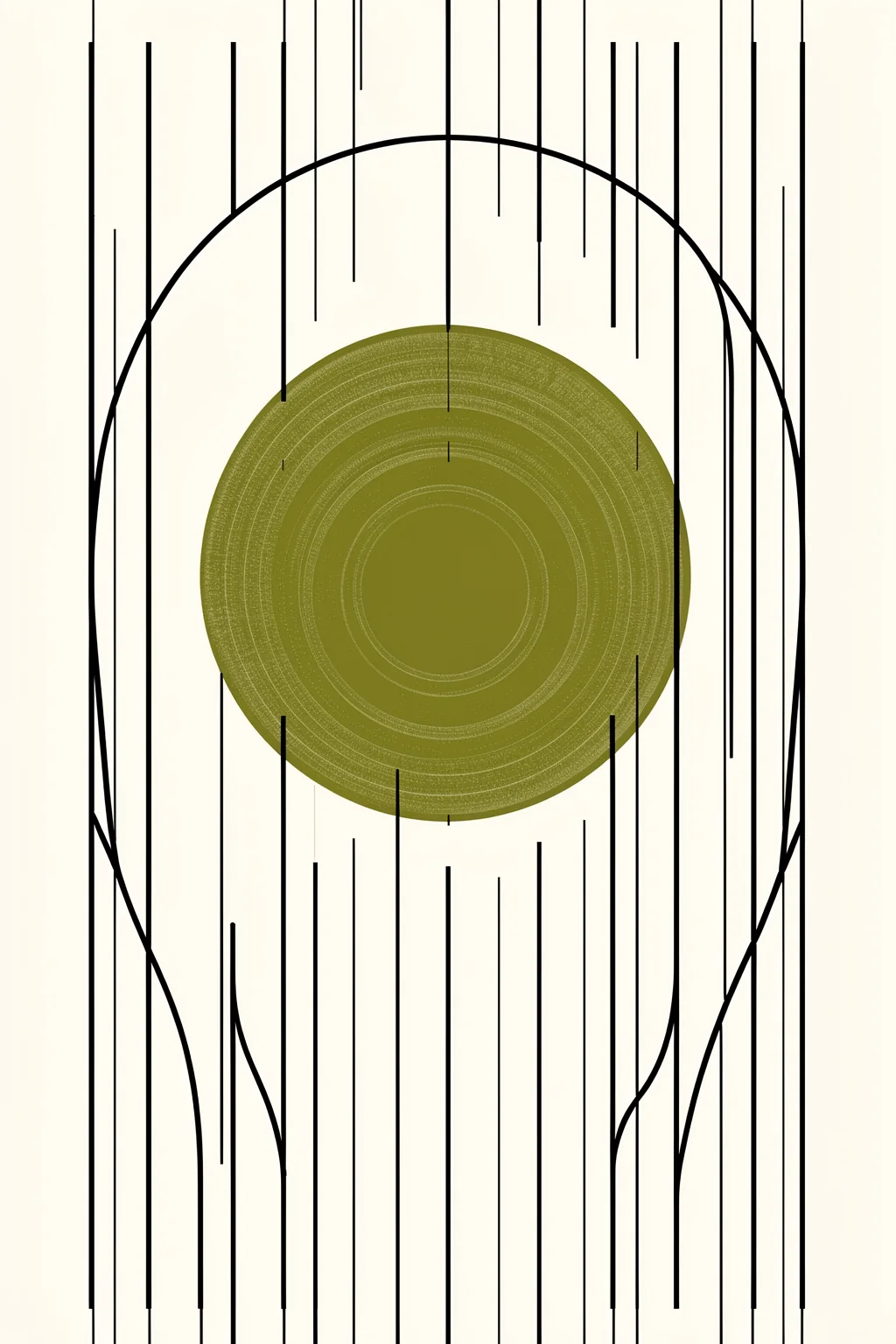 Green Harmony Flow. A textured olive-green circle is framed by a thin black oval and long vertical black lines on cream.