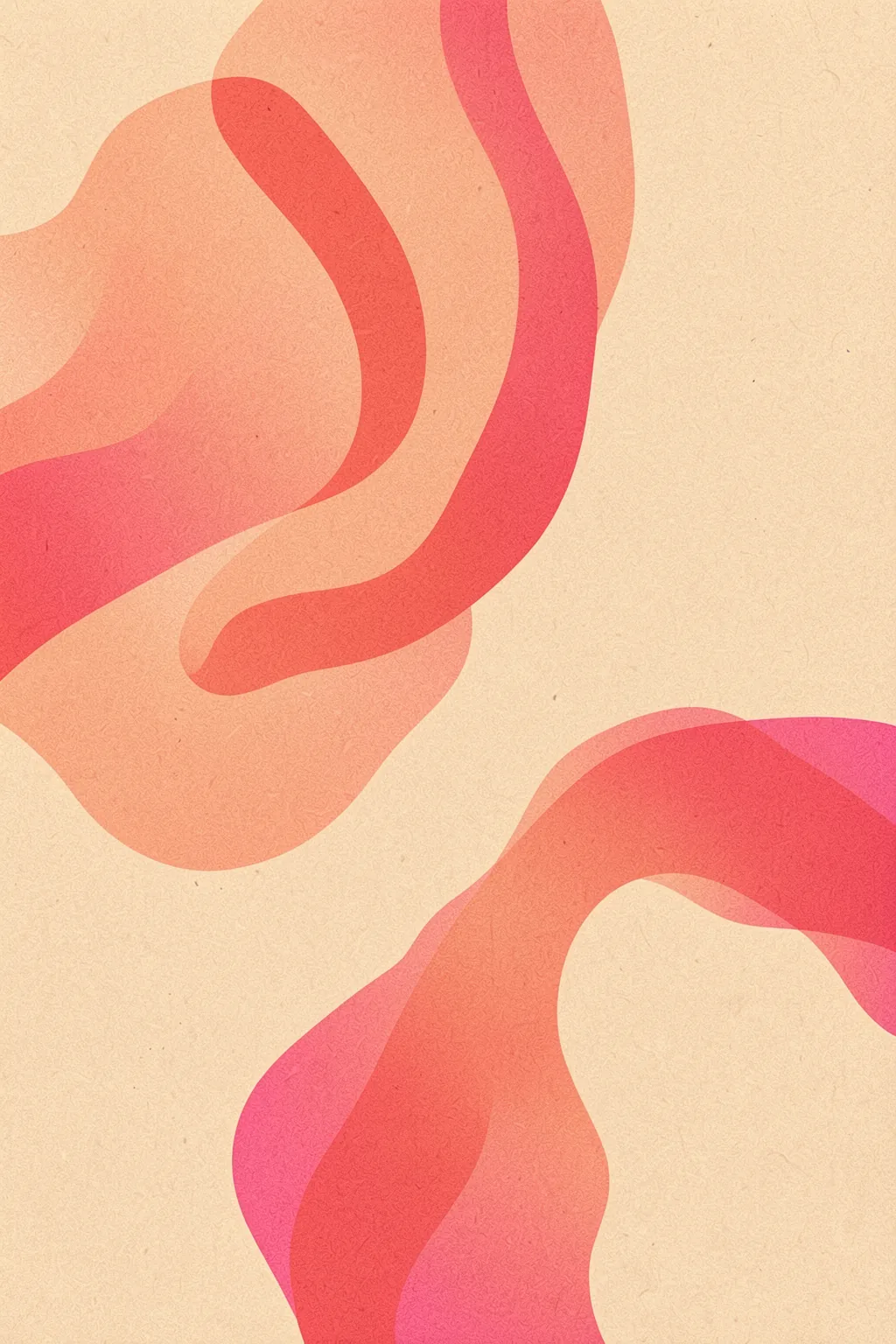 Groovy Pink Orange Swirls. Broad translucent coral and pink wavy bands curve across a lightly textured cream background.