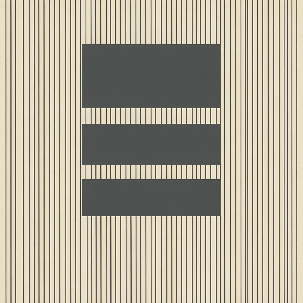 Hidden Symphony. Three charcoal horizontal bars interrupt a dense field of thin vertical black lines on a warm cream background.