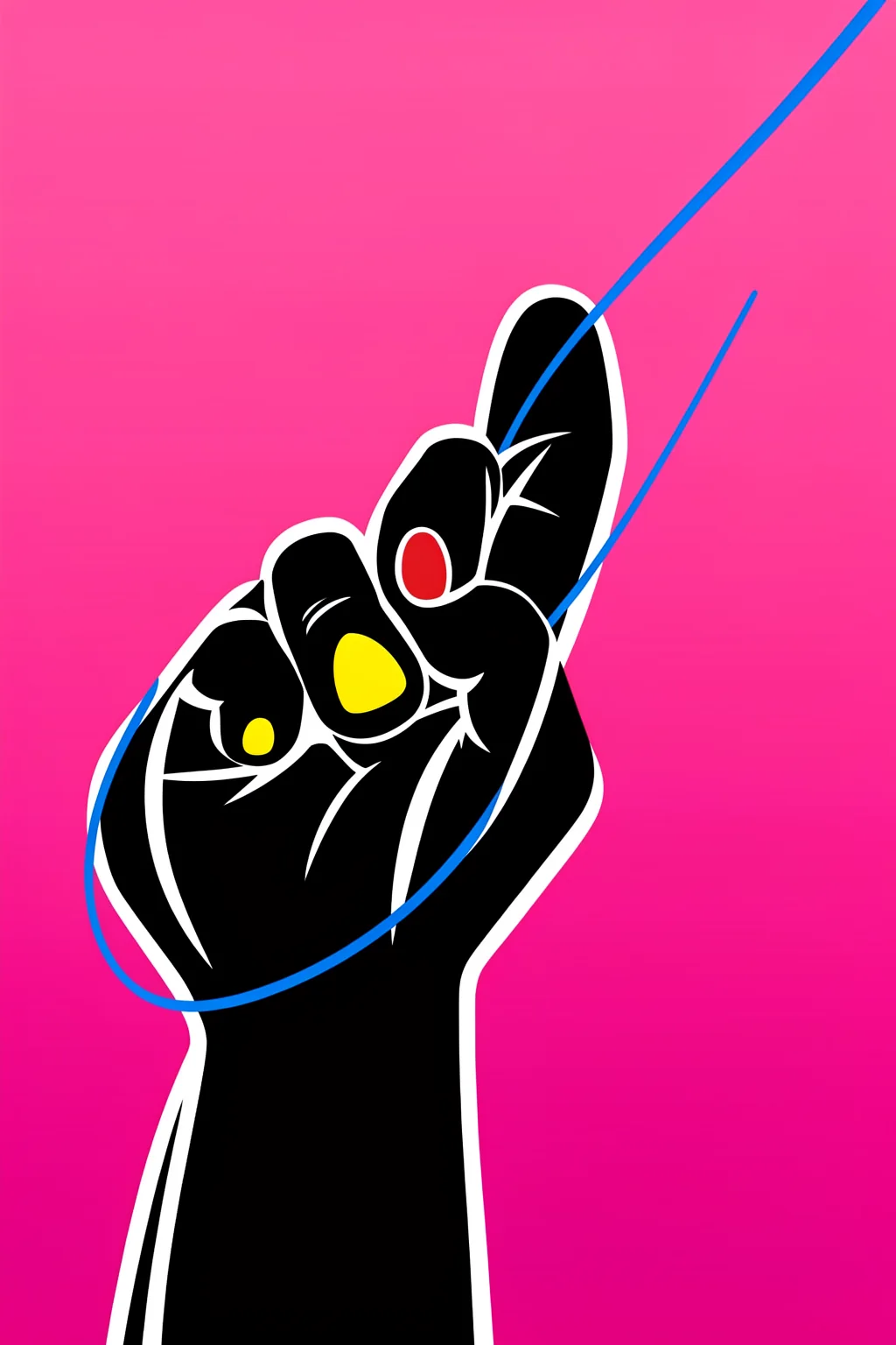 It's All Love. A black hand makes a two-finger peace sign, outlined in white with red and yellow nails and blue curved lines on hot pink.