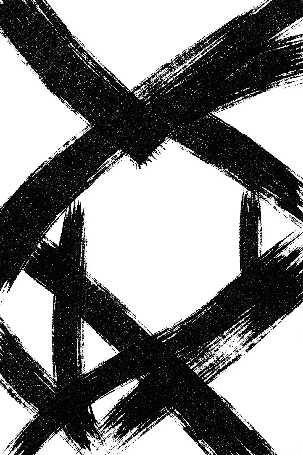 Love's Abstract Path. Broad rough black brushstrokes cross in an angular, layered pattern over a white ground.
