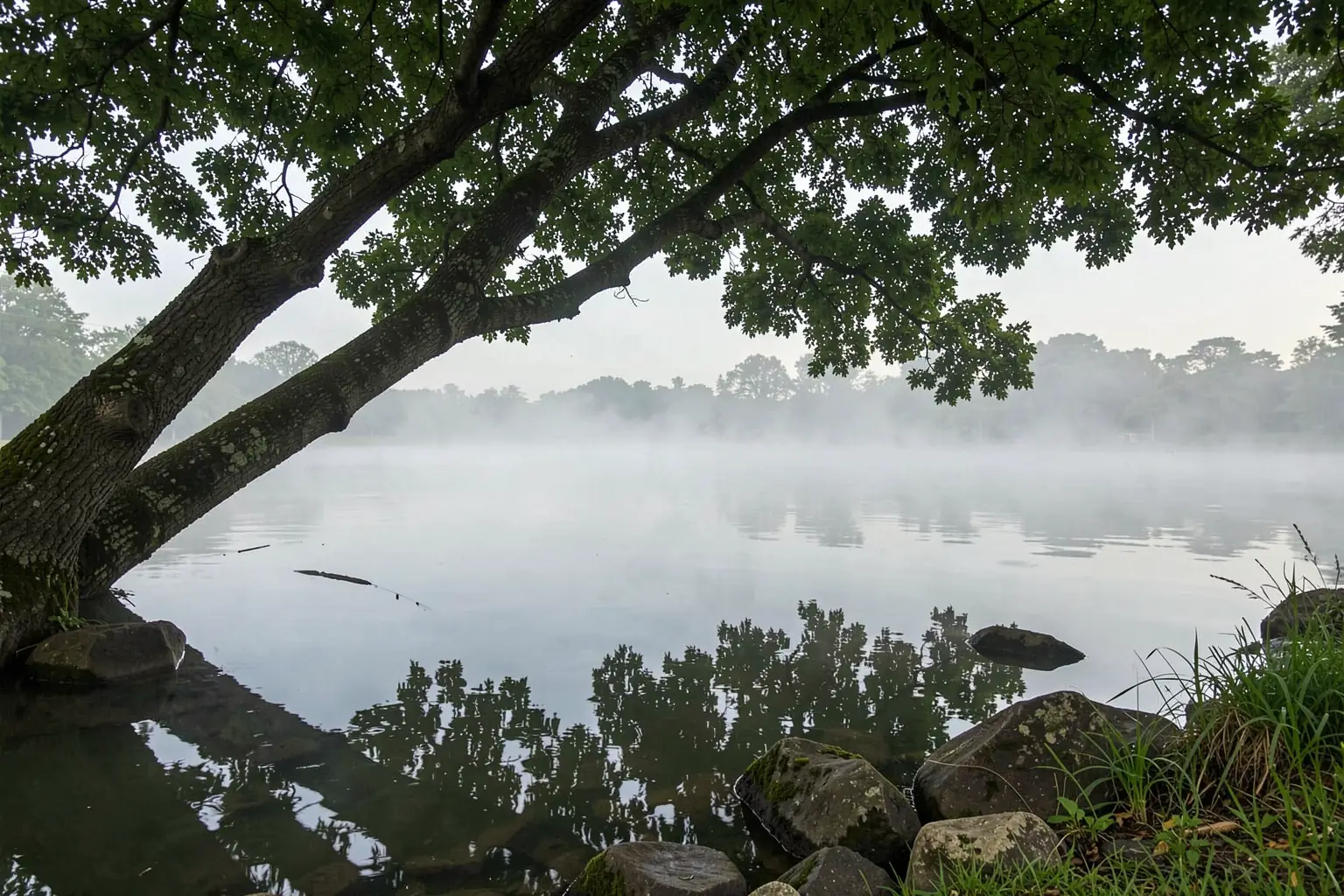 Misty Lake Morning. A broad leafy branch arches over a still, mist-covered lake, with rocks and grasses along the near shore.