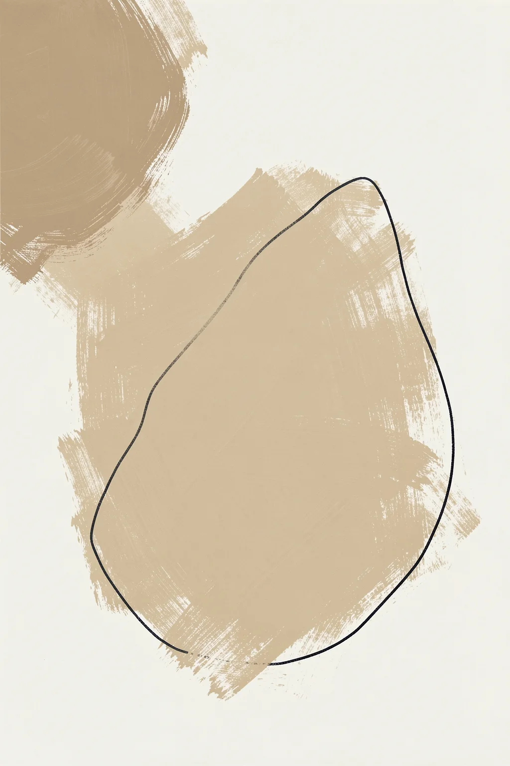 Muted Essence. Broad textured beige brushstrokes and a thin dark irregular outline form an abstract shape on cream.