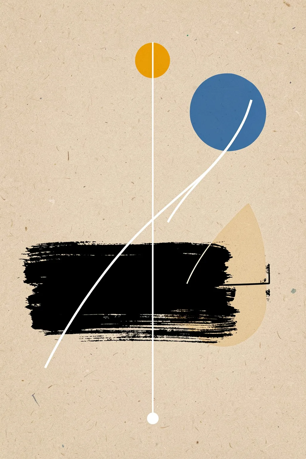 Muted Organic Abstract Forms. A blue circle, small ochre circle, black brushstroke, and translucent tan leaf shape are crossed by fine white lines on textured paper.