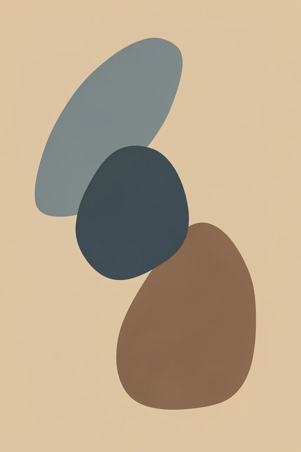 Muted Organic Forms. Three overlapping rounded forms in muted blue-gray, charcoal, and brown sit on a warm tan background.