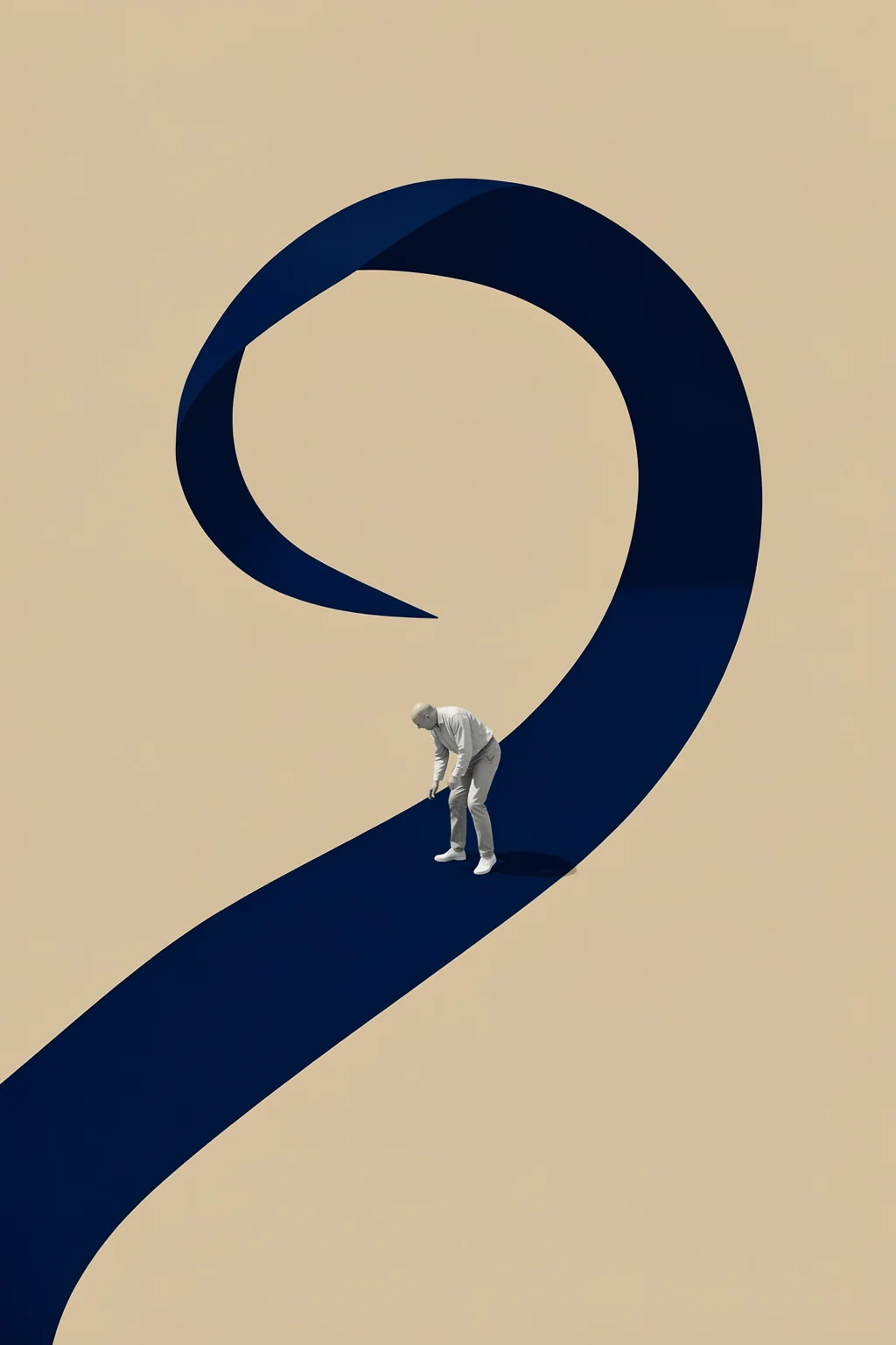 River cleanse. A small white-clad figure stands on a broad looping navy path against a warm beige field.