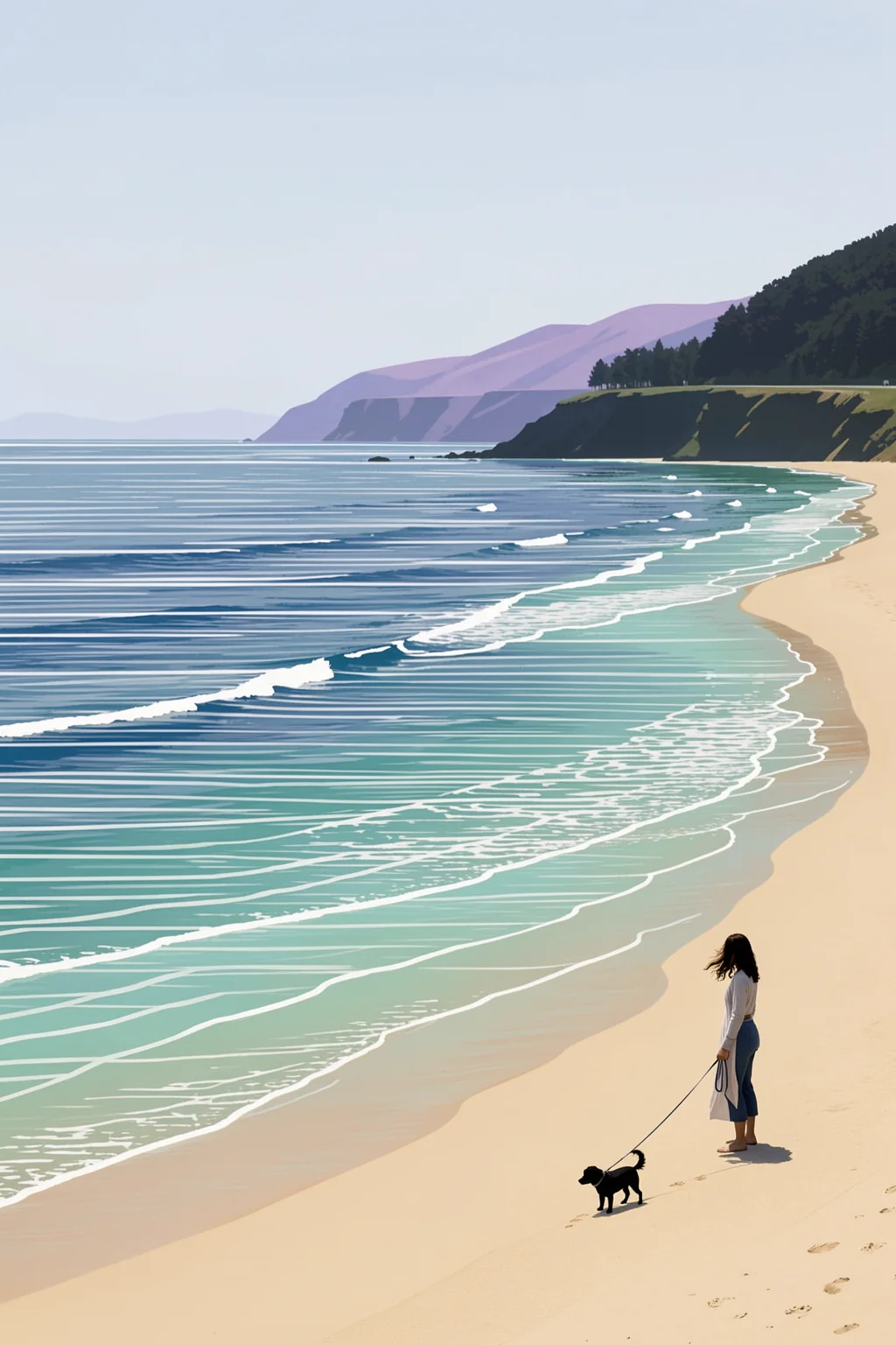 Serene Beach Walk. A woman walks a small black dog along a curving beach, with foamy blue-green surf and forested headlands beyond.