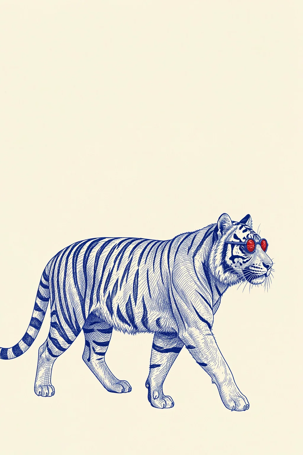 Smile Tiger Summer. A finely drawn blue-and-white tiger walks across a pale background wearing small red round sunglasses.