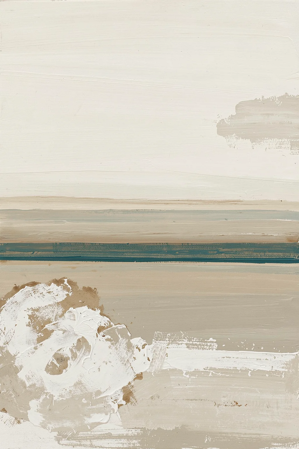 Sun Set No2. Muted cream, sand, and blue-green horizontal brushstrokes form an abstract layered landscape.