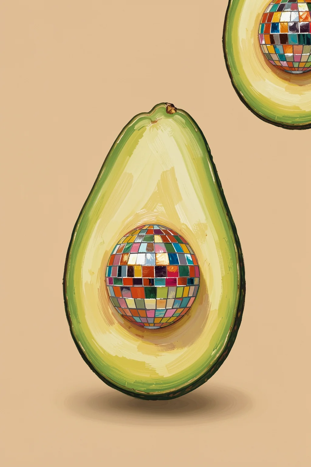 Avocado Disco Ball. A halved avocado contains a colorful mirrored disco ball in place of its pit, with part of another avocado cropped at the upper right.