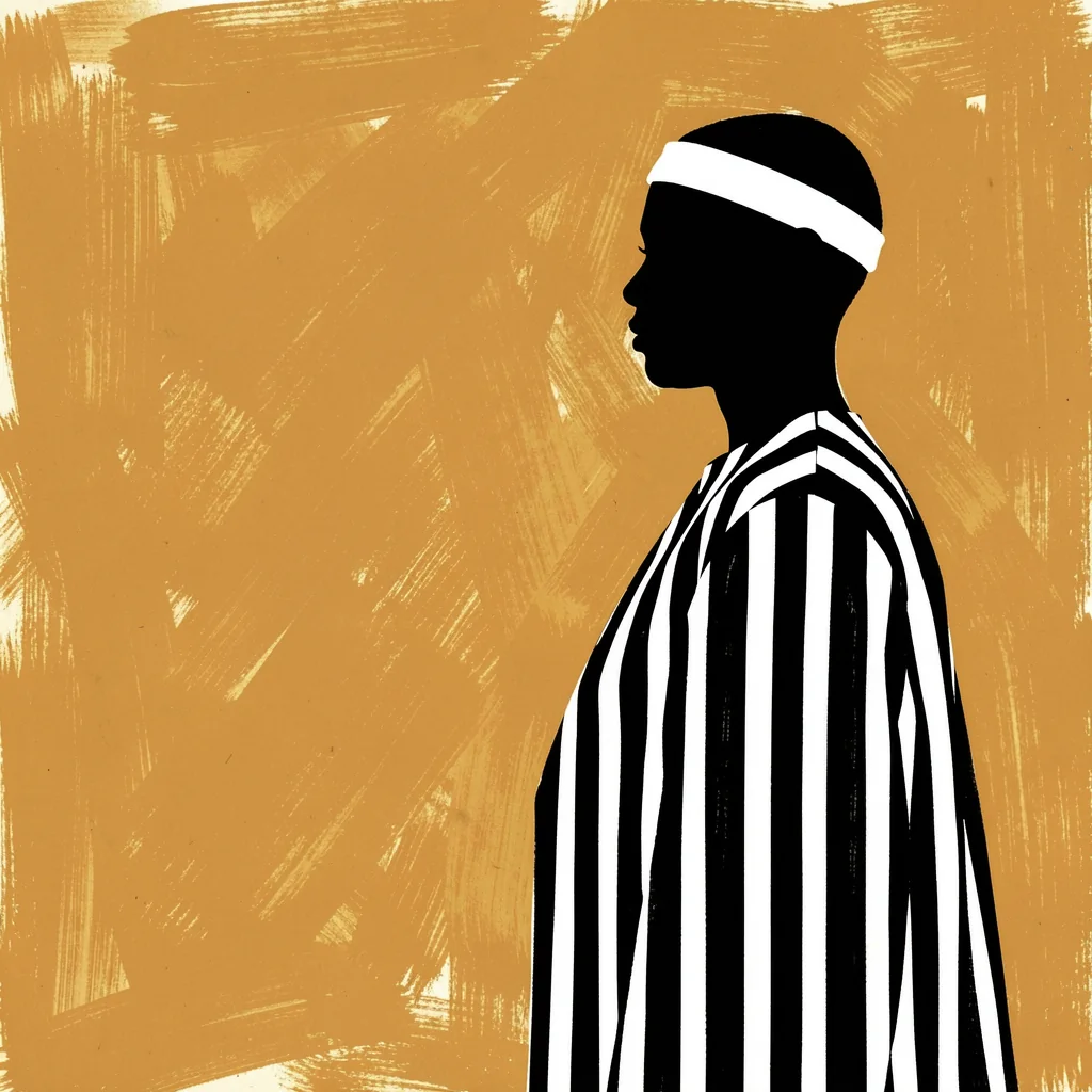 Elegant Striped Figure. A dark profile figure in a vertically striped black-and-white garment stands against an ochre, brush-textured background.