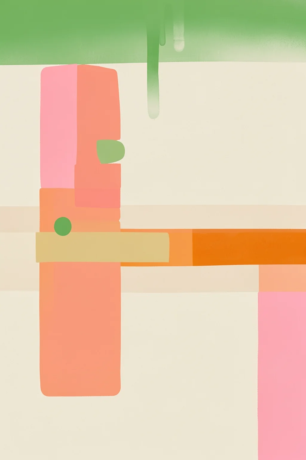 Pastel Abstract 1. Soft pastel rectangles and ribbons in sage, cream, peach, pink, and yellow overlap in a loose abstract composition.