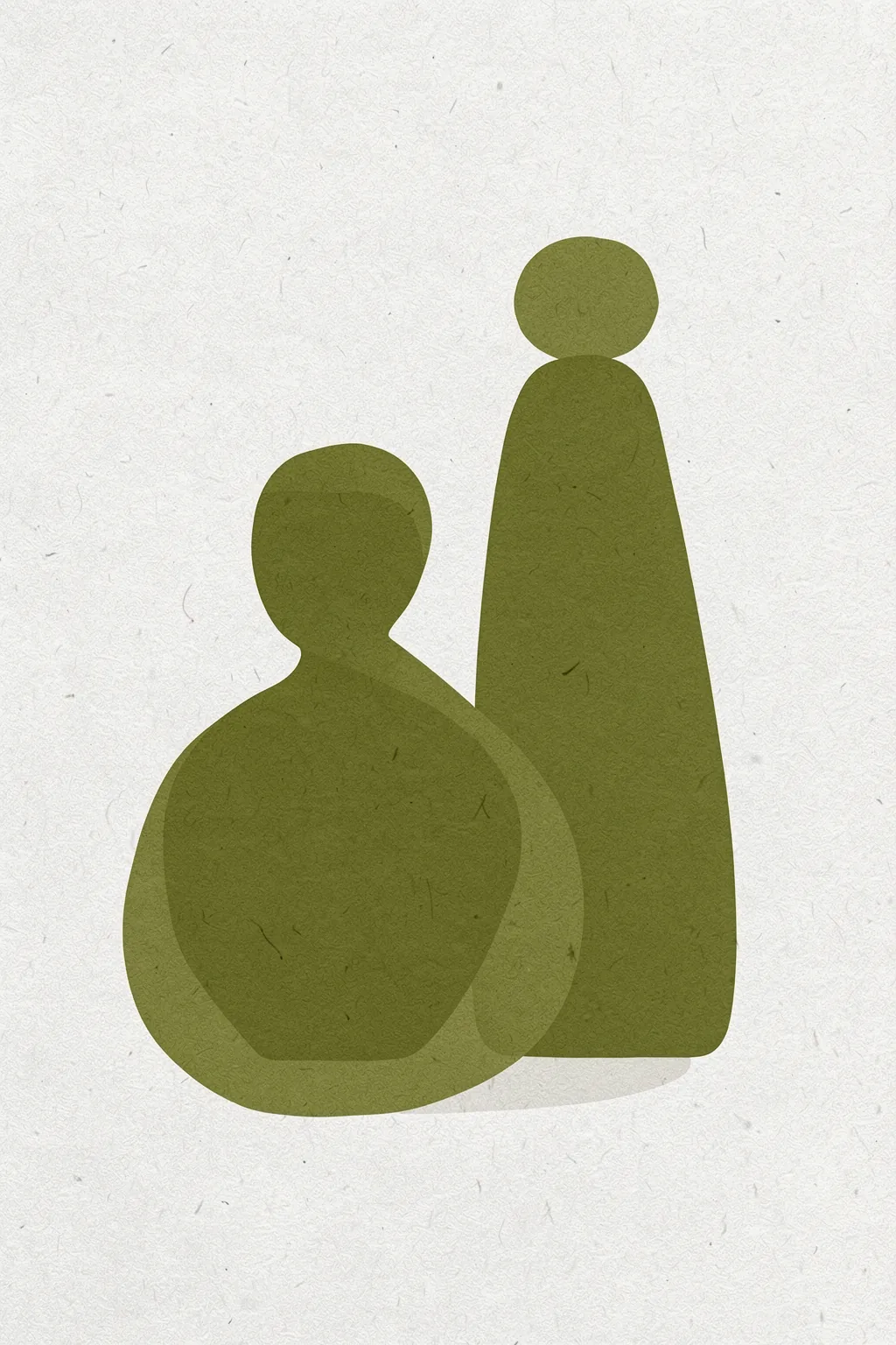 Silent Harmony. Two simple olive-green abstract figures, one taller and upright and one lower and rounded, stand on a textured off-white ground.