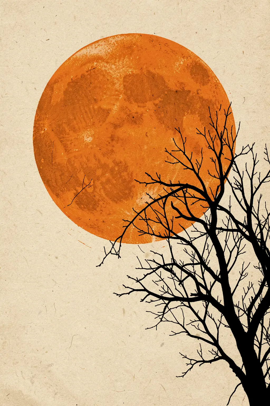 Winter Glow. A huge textured orange moon hangs behind the dark, bare branches of a tree on a speckled beige background.