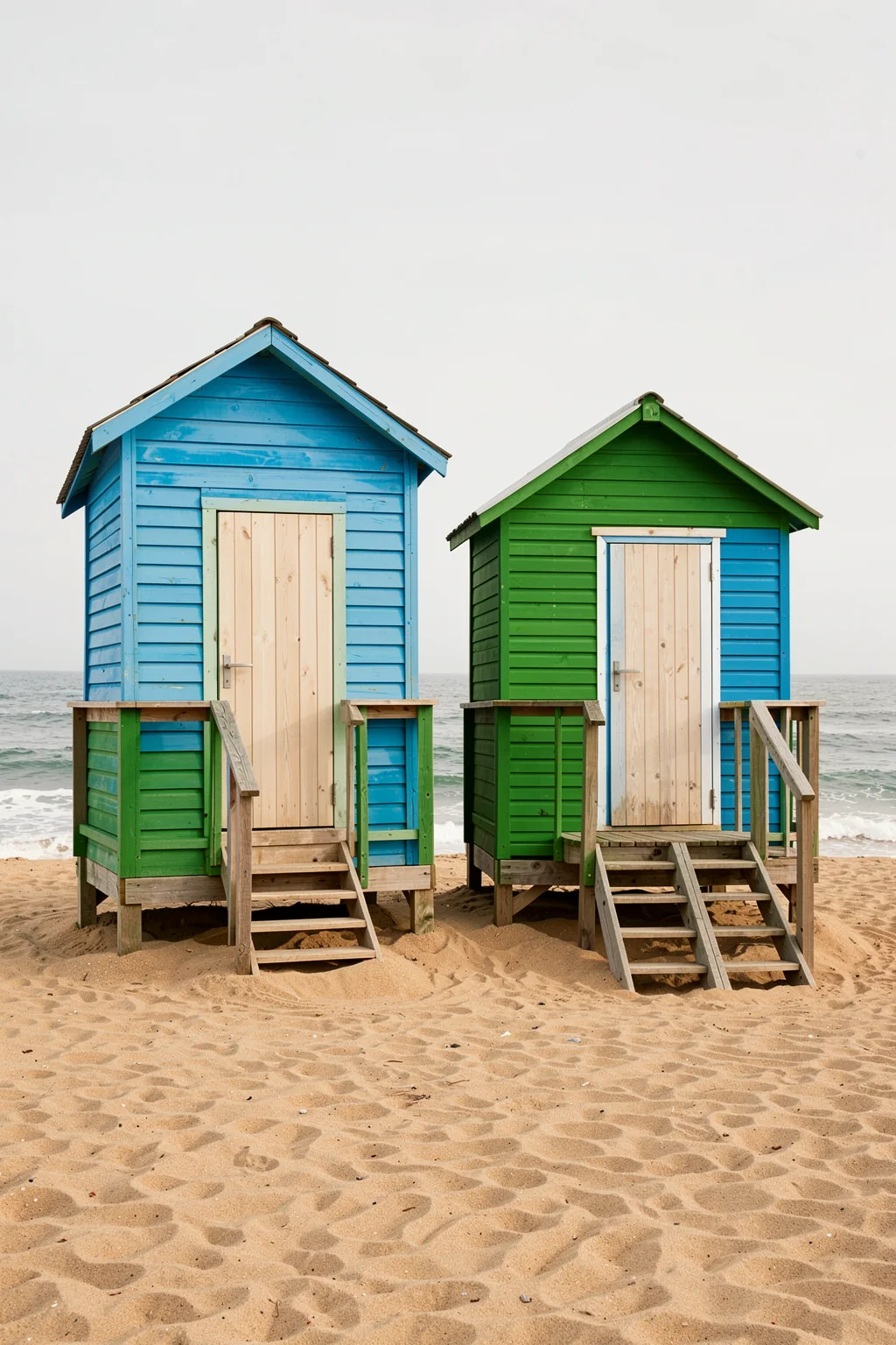Coastal Huts Harmony. Two brightly painted beach huts stand on a sandy shore beside the sea, one blue and one green with blue side panels.