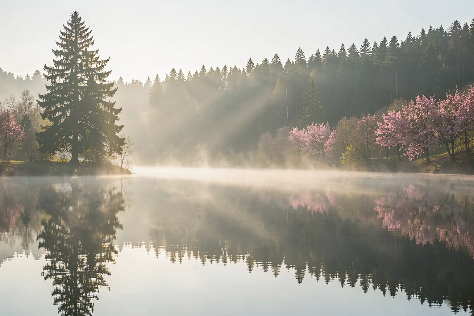 Misty Spring Reflections. Evergreen trees and pink-blossoming shoreline trees are reflected in a still lake veiled by morning mist.