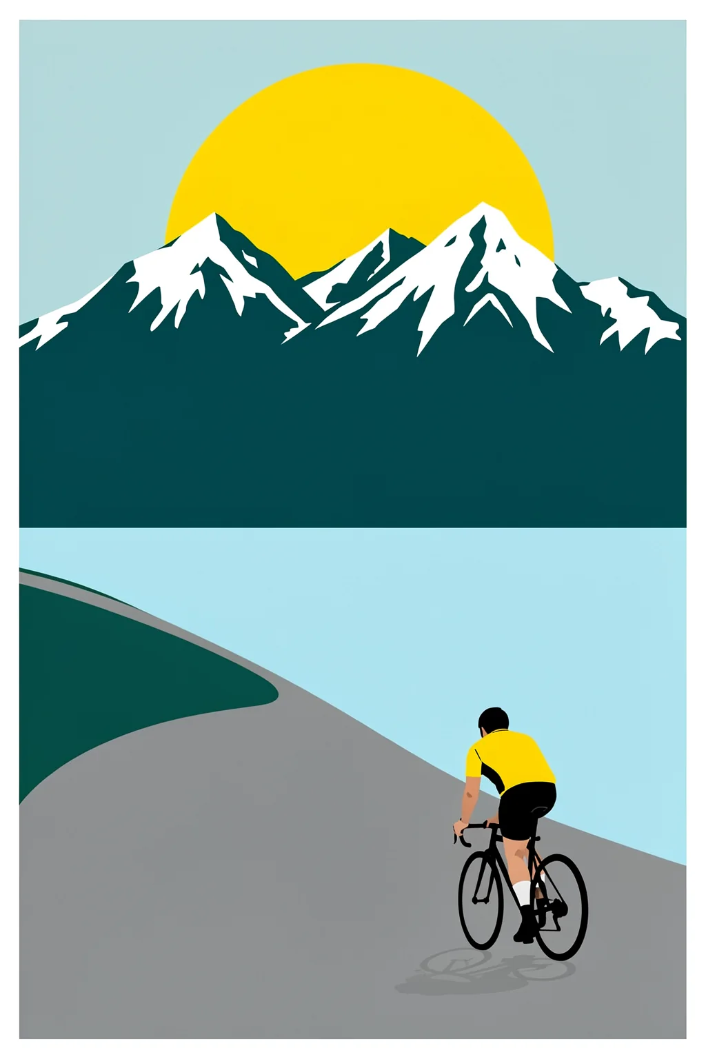 Sunny Mountain Ride. A cyclist in a yellow top rides along a curving gray road toward a snow-capped mountain beneath a large yellow sun.