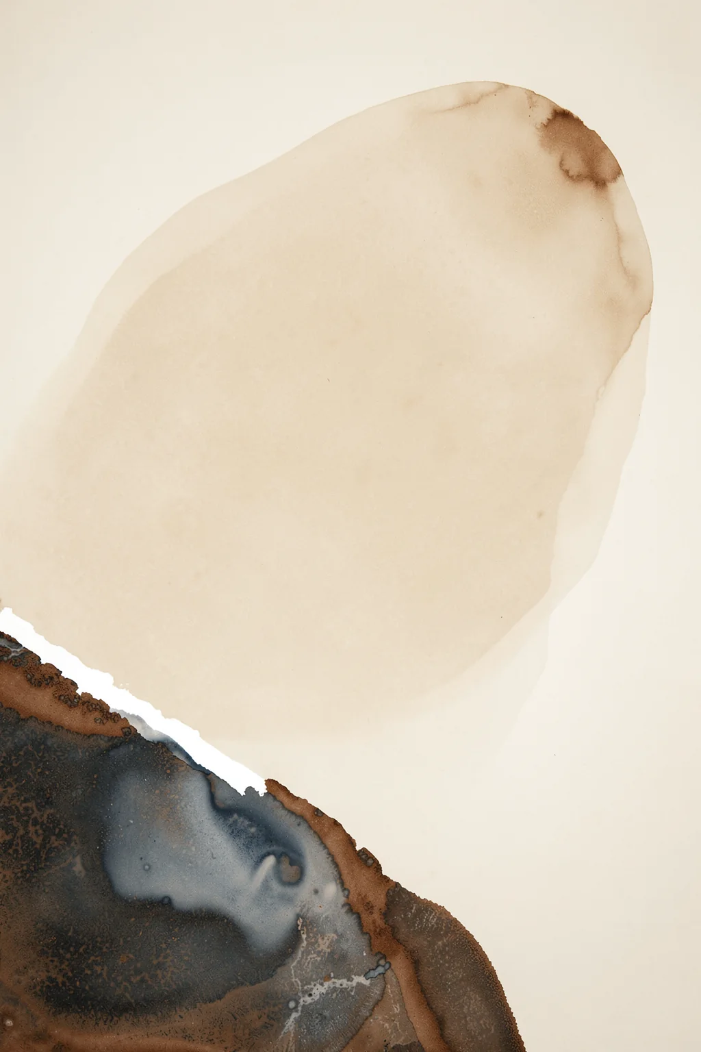 Abstract Fluidity with Soft Earthy Tones. A soft-edged beige oval wash fills the upper field above dark brown and black fluid forms along the lower edge.