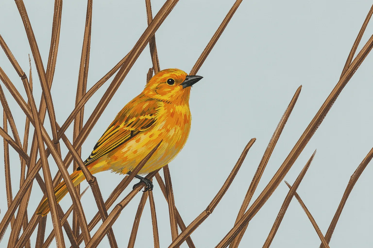 Saffron Finch. A bright yellow-orange finch perches among tall brown reeds against a pale blue-gray background.