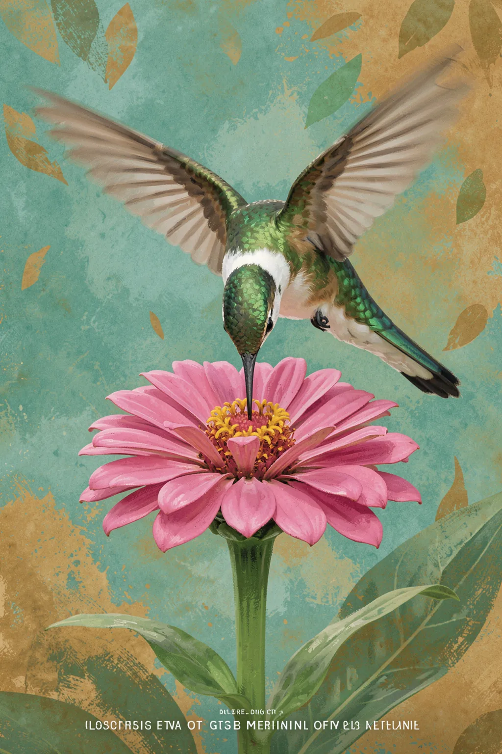 Vibrant Hummingbird Zinnia. A green hummingbird hovers above a large pink flower against a textured turquoise and ochre background with scattered leaves.