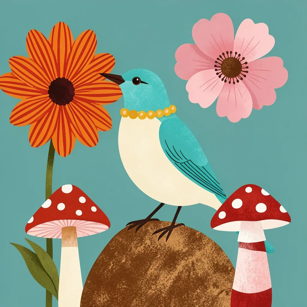 Whimsical Garden Bird. A stylized turquoise bird stands on a brown mound between oversized flowers and red-and-white mushrooms.
