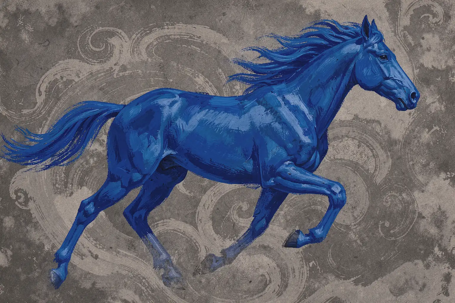 Vibrant Blue Horse. A vivid blue horse gallops across a textured gray background decorated with faint swirling motifs.