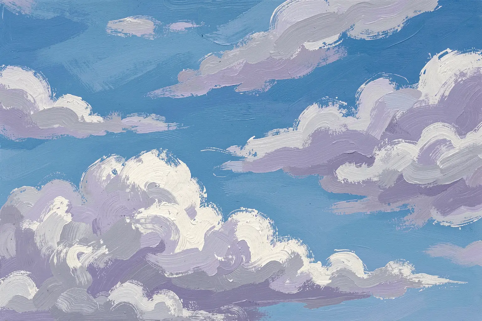 Fluffy Painted Clouds. Broad white and pale-lavender brushstrokes form layered clouds across a blue sky.